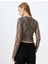 Leopar Tül Bluz Crop Uzun Kollu Bisiklet Yaka Büzgülü 4
