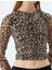 Leopar Tül Bluz Crop Uzun Kollu Bisiklet Yaka Büzgülü 5