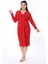 Kadın Büyük Beden Kırmızı Anvelop Yakalı Bel Detaylı Uzun Kollu Elbise 65N38602 1