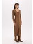 Bodycon Vücudu Saran Basic Düz V Yaka Düğmeli Fitilli Kaşkorse Midi Uzun Kollu Elbise B3261AX24WN 1
