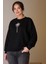 Taşlı Çiçek Desenli Siyah Kadın Sweatshirt 5500-2K5 3