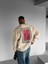 Erkek Oversize Desen Yamalı Sweatshirt Açık Bej 2