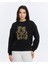 Kadife Ayıcıklar Desenli Siyah Yumuşak Dokulu Regular Fit Bisiklet Yaka Kadın Sweatshirt 1