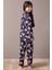Lacivert Ayıcıklı Ekose Desen Kız Çocuk Düğmeli Pijama Takımı 19854 5