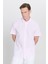 Erkek Pembe Slim Fit Dar Kesim Gizli Düğmeli Yaka %100 Pamuk Gofre Desenli Kısa Kollu Gömlek 3