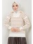 Fermuar Detaylı Çizgili Triko Kazak Camel HM2611 1