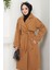 Kruvaze Yaka Düğmeli Kuşaklı Kaşe Kaban Camel HM2603 2