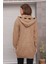 Kapüşonlu Kabartma Desenli Şerit Garnili Camel Hırka 3