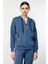 Kadın Fermuarlı Kapüşonlu Taşlı Sweat-Indigo 1