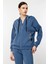 Kadın Fermuarlı Kapüşonlu Taşlı Sweat-Indigo 2