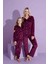 Yeni Sezon Ay Desenli Trend Model Düğmeli Kadife Anne/kız Çocuk Pijama Takımı 2800-VIŞNE Çürüğü Ay 1