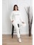 Kadın Beyaz Bisiklet Yaka Beli ve Paçası Lastikli Pamuklu 3 İplik Cepli Eşofman Takımı, Spor Giyim 1