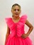 Kız Çocuk Abiye Neon Pembe Uzun Kat Etekli Kolları Fırfırlı Yakası Taş Detaylı Kalp Tokalı Abiye Elbise 10-14 Yaş 5