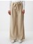 Bej Yüksek Bel Rahat Kesim Bol Paça Dokuma Pantolon 4
