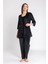 Kadın Siyah Puan Kadife Ip Askı Sabahlık Pantolon 3 Lü Pijama Takım 2