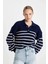 Relax Fit Polo Yaka Yarım Düğmeli Çizgili Triko Kazak C4918AX24WN 3