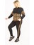 Kadın Siyah Büyük Beden Leopar Garnili Kapşonlu Sweatshirt Pantolon Takım 65N35745 3
