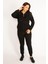 Kadın Büyük Beden Siyah Taş Detaylı Ön Fermuar ve Kapşonlu Sweatshirt Pantolon Ikili Takım 65N38387 5