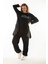 Kadın Büyük Beden Siyah Sim Detaylı Sweatshirt Pantolon Ikili Takım 65N37054 2
