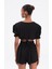 Keten Kabarık Kol Bağlamalı Crop Mini Şort Takım Siyah 4