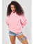 Fiyonk Desen Taş Baskılı Kapüşonlu Içi Polar Oversize Pembe Sweatshirt 1