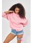 Fiyonk Desen Taş Baskılı Kapüşonlu Içi Polar Oversize Pembe Sweatshirt 4