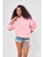 Fiyonk Desen Taş Baskılı Kapüşonlu Içi Polar Oversize Pembe Sweatshirt 5