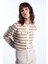 Camel Düğme Detaylı Çizgili Triko Kazak 1