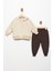 Erkek Bebek Nakışlı Bej 6 Ay Pamuklu Şardonlu 3 Ip Sweatshırt Jogger Takım 1