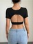 Bisiklet Yaka Siyah Renk Desensiz Sırtı Açık Fitilli Kısa Kol Likralı Fit Crop Top Bluz 1