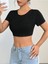 Bisiklet Yaka Siyah Renk Desensiz Sırtı Açık Fitilli Kısa Kol Likralı Fit Crop Top Bluz 4