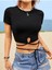 Bisiklet Yaka Siyah Renk Çapraz Ipli Fitilli Kısa Kollu Slim Fit Crop Top Bluz 1