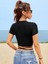 Bisiklet Yaka Siyah Renk Çapraz Ipli Fitilli Kısa Kollu Slim Fit Crop Top Bluz 2