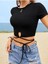 Bisiklet Yaka Siyah Renk Çapraz Ipli Fitilli Kısa Kollu Slim Fit Crop Top Bluz 5
