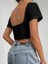Kayık Yaka Siyah Renk Desensiz Sırtı Açık Fitilli Kısa Kollu Likralı Fit Crop Top Bluz 1