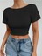 Kayık Yaka Siyah Renk Desensiz Sırtı Açık Fitilli Kısa Kollu Likralı Fit Crop Top Bluz 5