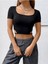 Balerin Yaka Siyah Renk Fitilli Kısa Kollu Slim Fit Crop Top Bluz 1
