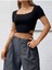 Balerin Yaka Siyah Renk Fitilli Kısa Kollu Slim Fit Crop Top Bluz 4