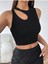 Sıfır Yaka Asimetrik Kesim Siyah Renk Desensiz Kolsuz Fitilli Likralı Fit Crop Top Bluz 4