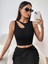 Sıfır Yaka Asimetrik Kesim Siyah Renk Desensiz Kolsuz Fitilli Likralı Fit Crop Top Bluz 5