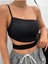 Asimetrik Yaka Siyah Renk Desensiz Çapraz Kesim Fitilli Kısa Kollu Likralı Fit Crop Top Bluz 1