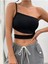 Asimetrik Yaka Siyah Renk Desensiz Çapraz Kesim Fitilli Kısa Kollu Likralı Fit Crop Top Bluz 5