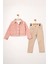 (5-8 Yaş) Nakışlı Cepli Kız Çocuk Ceketli Takım - Pudra 1