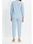 Kadın Moda Bisiklet Yaka Boru Paça Uzun Kol 3lü Kalpli Uyku Bantlı Polar Kışlık Örme Pijama Takımı 4