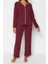 Kadın Moda Gömlek Yaka Boru Paça Uzun Kol Bordo Pamuklu Biyeli Gömlek-Pantolon Örme Pijama Takımı 1