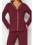 Kadın Moda Gömlek Yaka Boru Paça Uzun Kol Bordo Pamuklu Biyeli Gömlek-Pantolon Örme Pijama Takımı 2