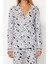 Kadın Moda Şık Gömlek Yaka Boru Paça Uzun Kol Desenli Örme Pijama Takımı 4