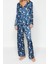 Kadın Boru Paça Uzun Kol Lacivert- Yılbaşı Temalı Saten Gömlek-Pantolon Dokuma Pijama Takımı 1