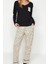 Kadın Moda V Yaka Boru Paça Uzun Kol %100 Pamuk Leopar Desenli Tshirt-Pantolon Örme Pijama Takımı 1