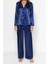 Kadın Moda Şık Gömlek Yaka Boru Paça Uzun Kol Lacivert Saten Gömlek-Pantolon Dokuma Pijama Takımı 1